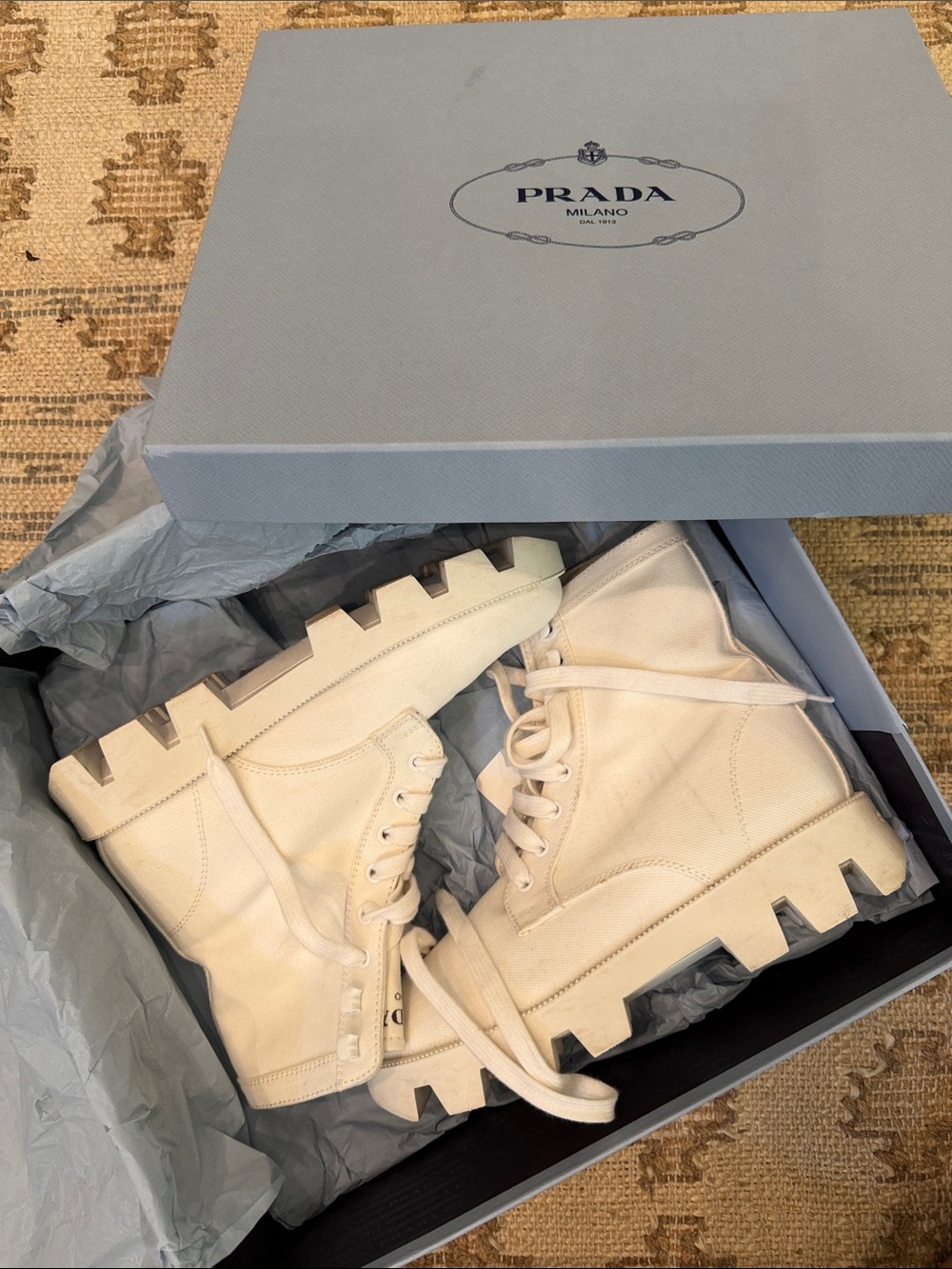 Prada Rocksand White Lace-Up Chunky Combat Boots 39